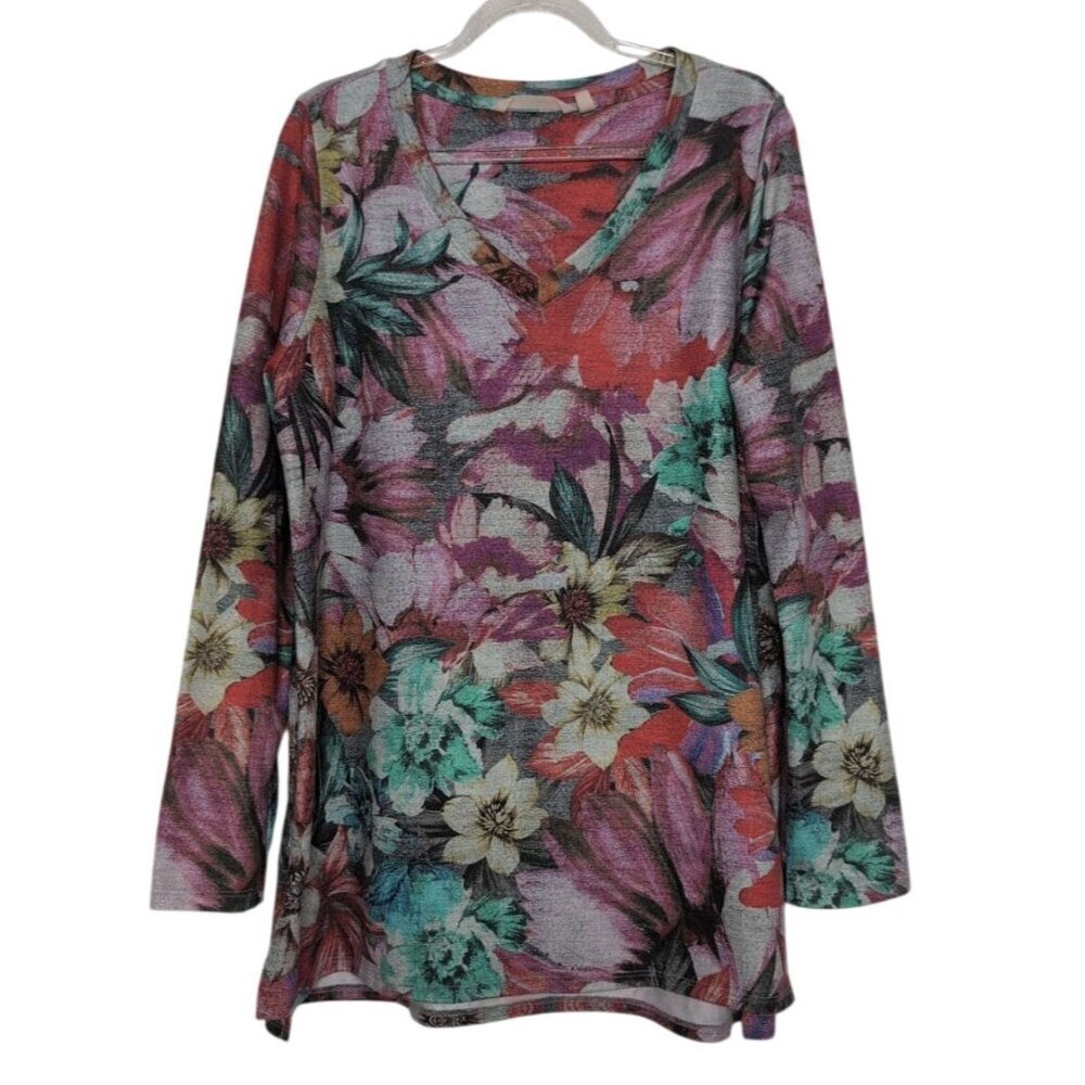 Soft Surroundings First Blooms Shirt Womens Size Medium Gray Stretch V Neck